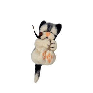 Mini Needle Felted Black & White Kitty Cat 4" Tall Novelty Trinket Doll